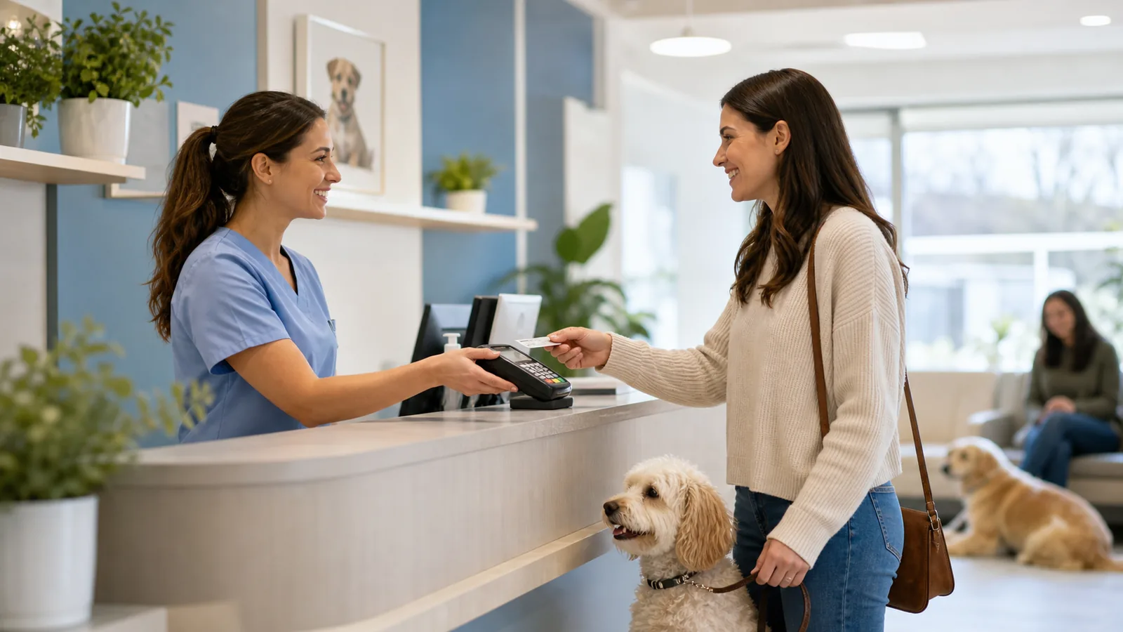 Veterinary clinic checkout with a pet owner